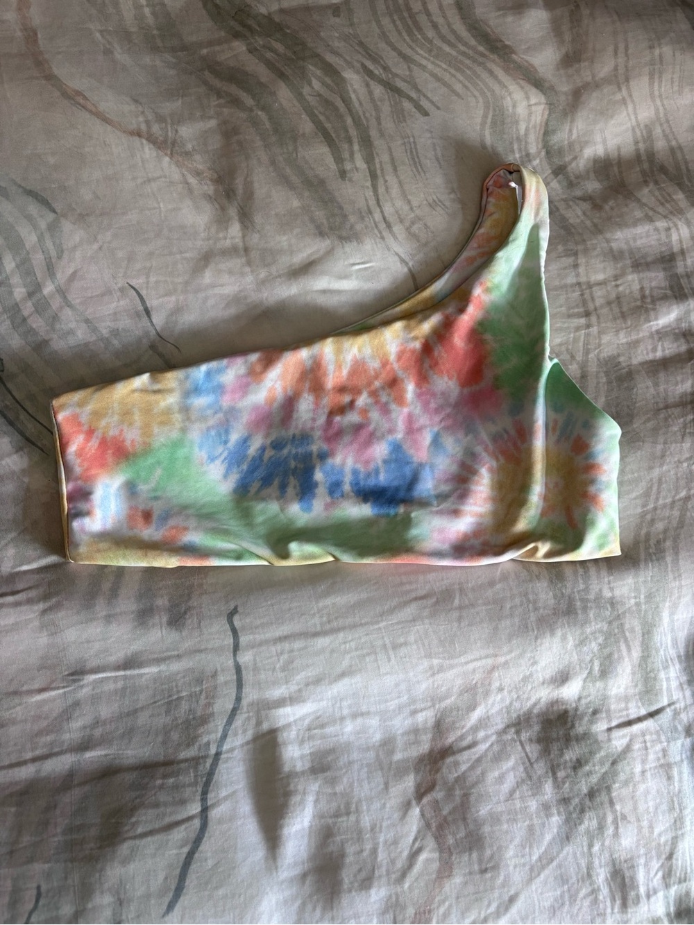 Skatie One-Shoulder Tie-Dye Bikini Top in Pastel Rainbow